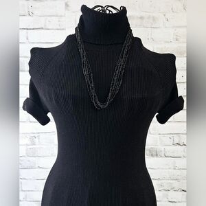 Vintage Style Multi-Strand Black Glass Seed Bead Necklace Gold Tone Ends